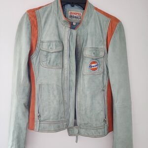 Women's Leather Racing  Jacket - Mint Green/soft blue and Orange